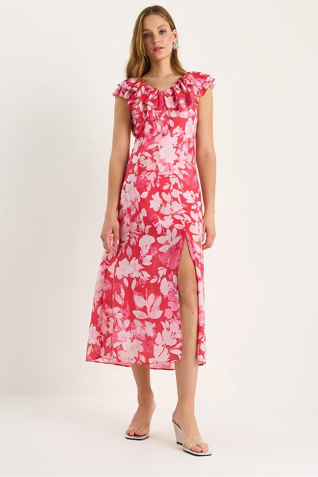 Women's Pink Ruffled Collar Lined Slit Detailed Floral Patterned Dress 3064 60283462