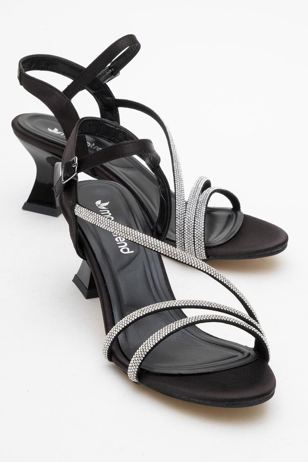 Women's Two Connecting Rod One Cross Stone Heeled Shoes Black Satin