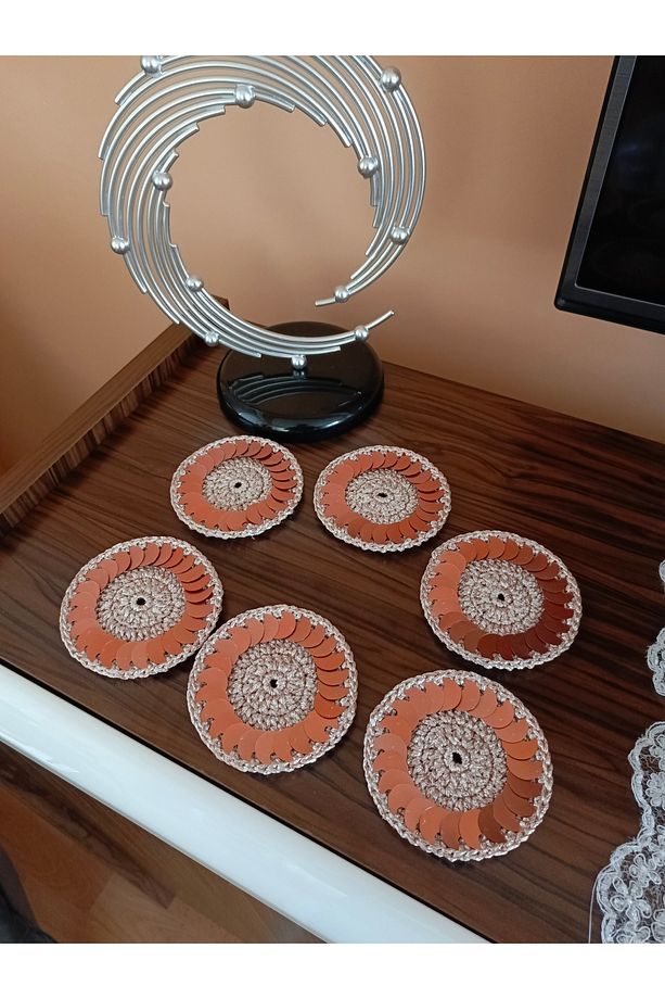 Makrome Pullu Kahve-içecek sunumluk bardak Altlığı... (Bakır pullu-bakır simli zeminli 6'lı) - 2