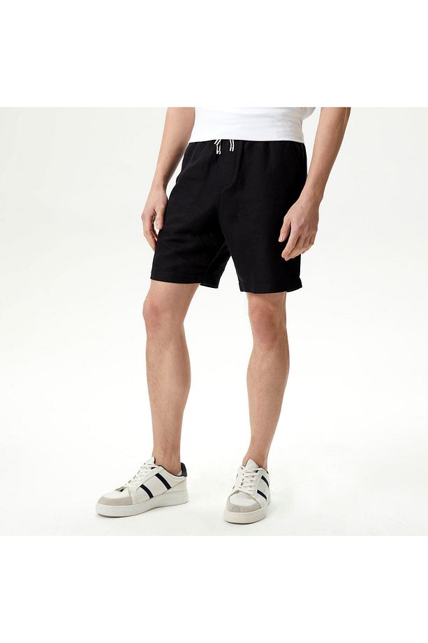Erkek Siyah Classic Fit Keten Bermuda - 3