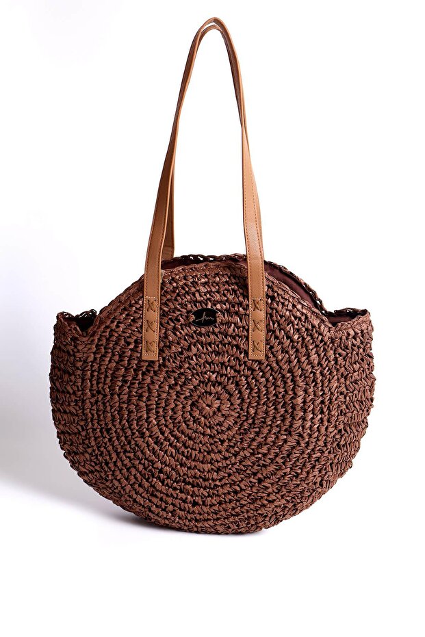 Brown Round Knitted Straw Bag with Signature Detail 1007