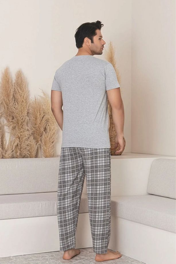 Dreamy Pamuklu Ekose Kareli Kısa Kollu Örme Erkek Pijama Takımı - 3