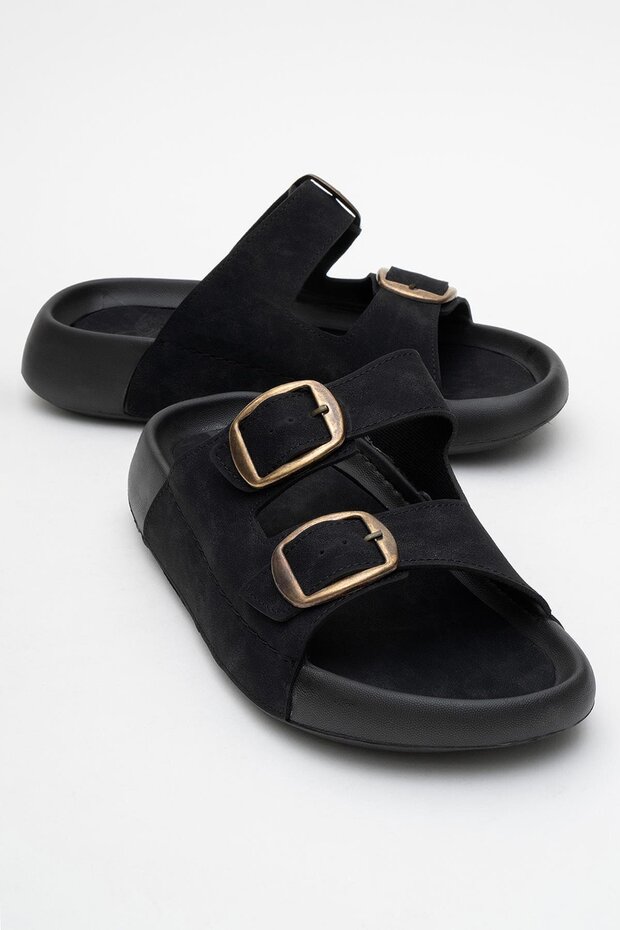 Men's Gold Buckle Slippers Black
