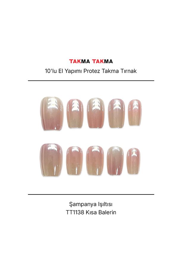 TT1138 - Şampanya Işıltısı - 10'lu Tekrar Kullanılabilir El Yapımı Protez Takma Tırnak XS-Pembe - 1