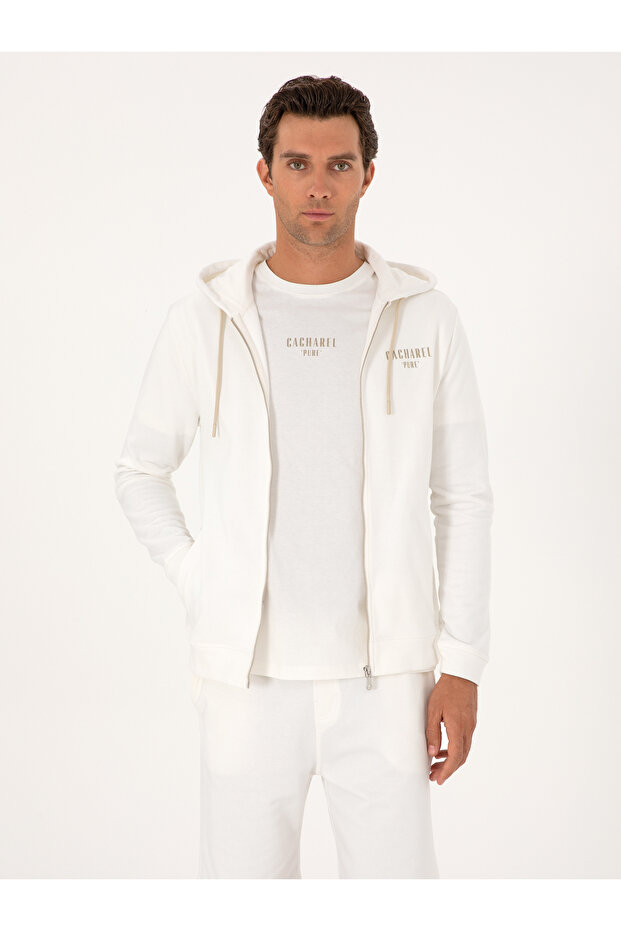 Ecru Regular Fit 100% Cotton Full Zip Hooded Sweatshirt 50302481-Vr019