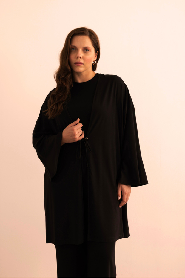 Önden Bağcık Detaylı Örme Kimono - 3