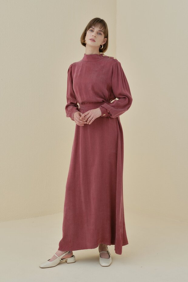 Premium Shoulder Button Belted Cupra Dress Burgundy