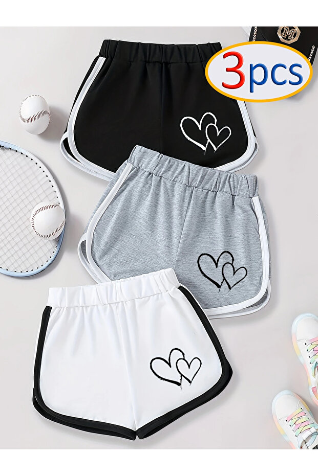 Girl's 3 Pack Double Hearts Printed Piping Combed Cotton Shorts