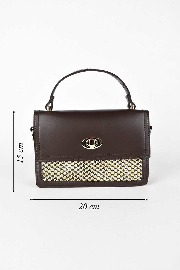 Kadın Deri Hasır Detaylı Ön Kapamalı Çapraz Askılı Mini El Çantası - Acı Kahve - 5