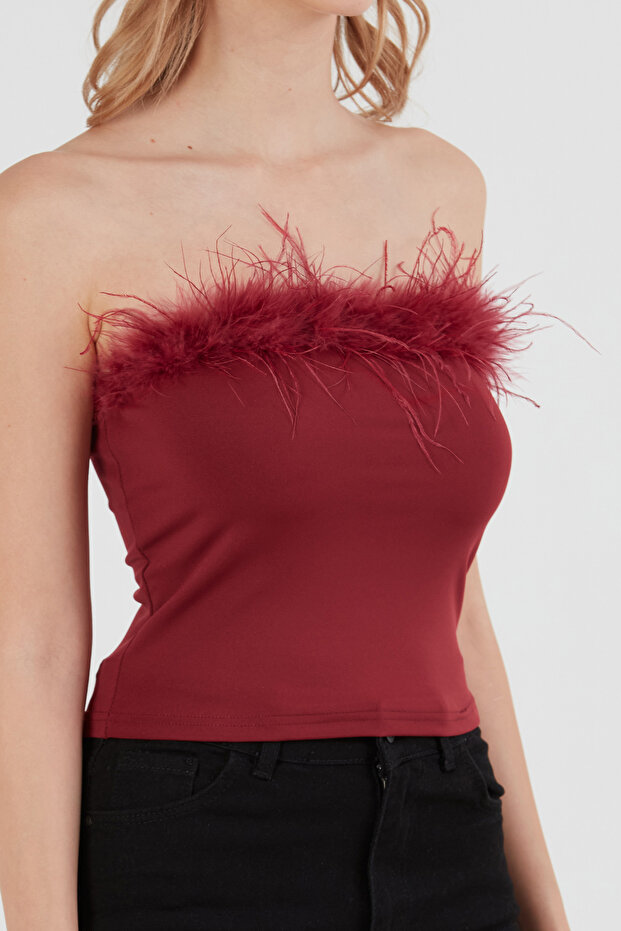 Basic Tüylü Straplez Crop Bluz - 5