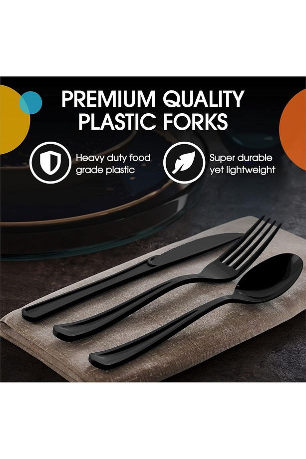 Siyah Plastik Çatal Kaşık Bıçak Seti 300 Parça – Dayanıklı ve Şık Tek Kullanımlık Parti Seti- - 2