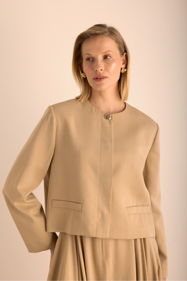 Camel Yakasız Kısa Ceket - 1