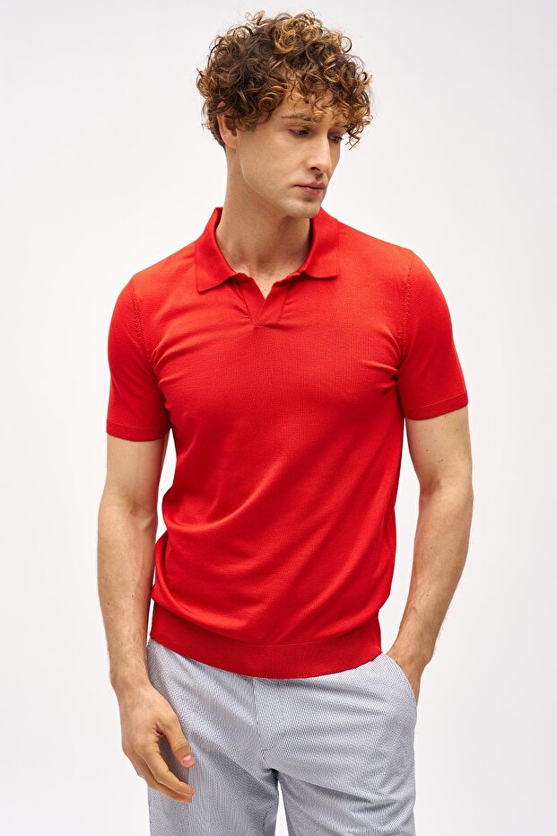 Men's Red Slim Fit Slim Fit Polo Collar Plain Short Sleeve Knitwear T-Shirt