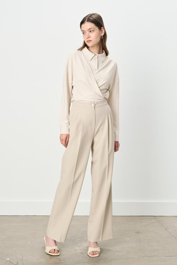 Double Pleated Palazzo Poly. Viscose Trousers Stone