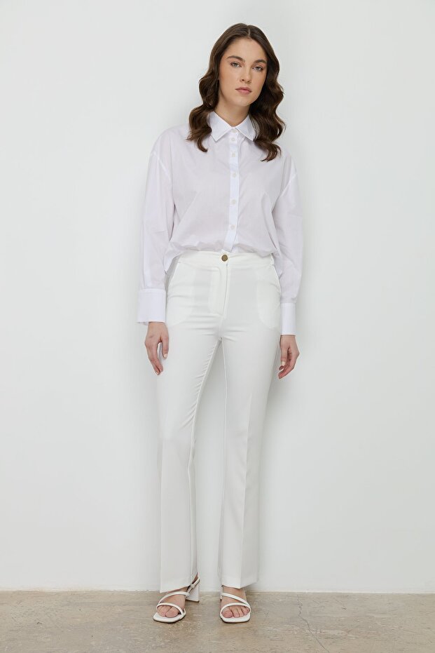 Ütü İzli İspanyol Paça Pantolon Ekru - 1