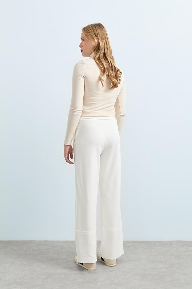 Beli Lastikli Örme Bol Pantolon Ekru - 4