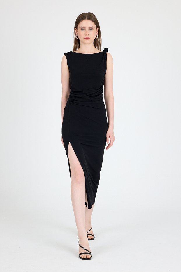 Black Slit Detailed Drape Strap Midi Dress 241733