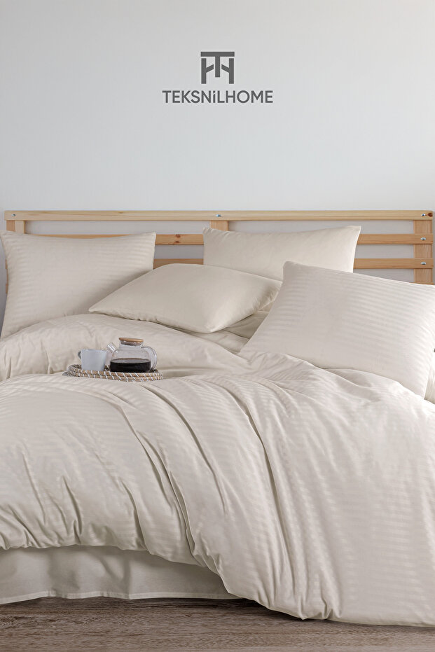 100% Cotton Cream Natural Stripe Duvet Cover Set 3 Pieces (Double)