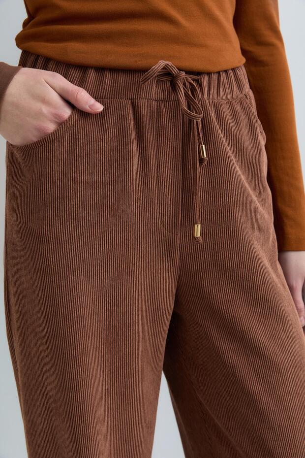 Beli Lastikli Kadife Pantolon Kahve - 3