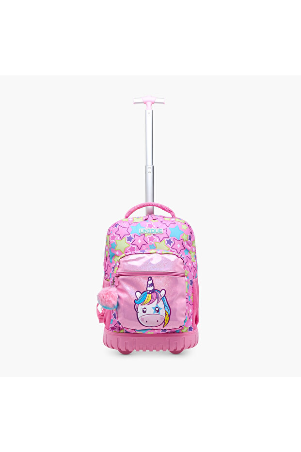 -O Unicorn Print Trolley Backpack with Retractable Handle and Pom-Pom Charm - 32x22x47 cms - 2