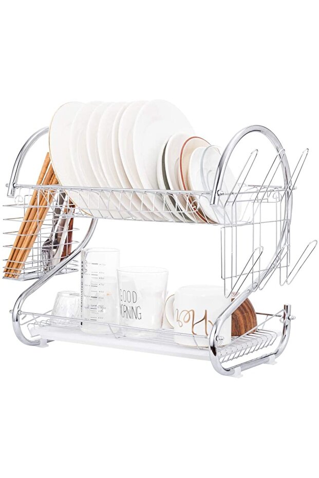 2 Tier Multifunctional Dish Drying Rack with Drain Board Dish Rack with Utensil Holder Stainless Ste
