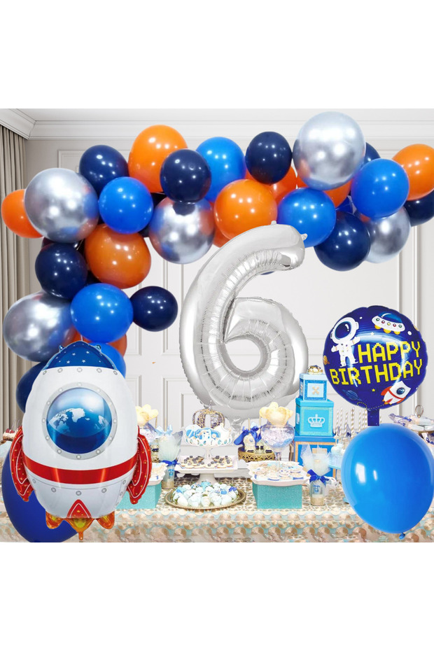 6 Year Old Space Themed Birthday Set Space Shuttle Happy Birthday Lettering Colorful Balloons Silver Foil Number