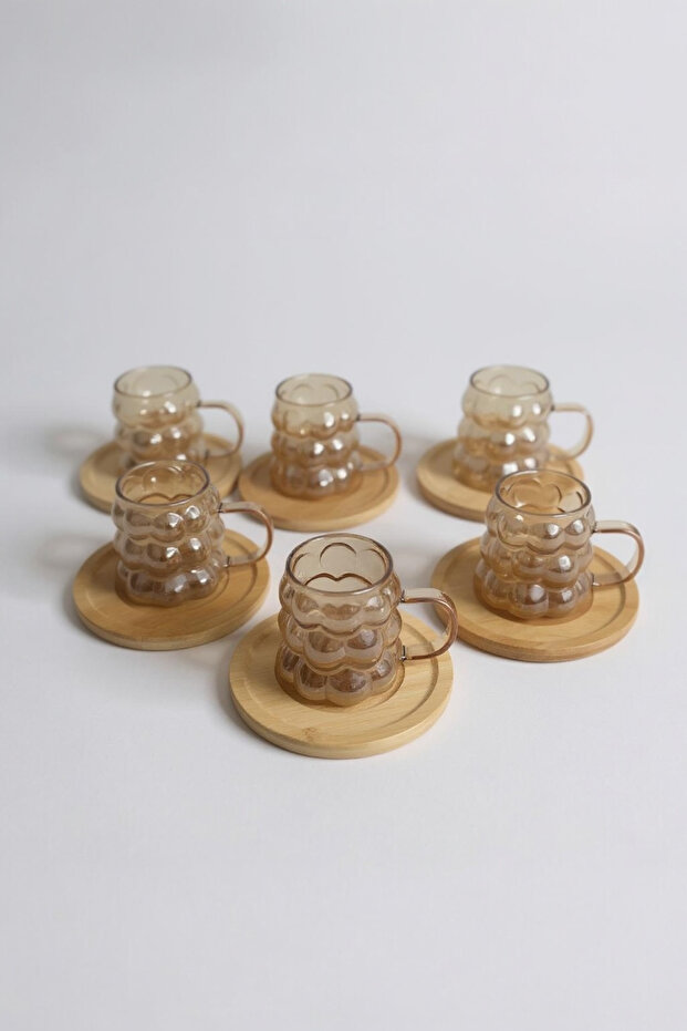 Coffee Side Mini Grape Bead Cup with Handle Presentation Cup and Wooden Base Set of 6 90 ml - 4