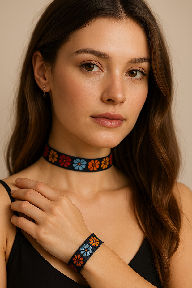Colorful Floral Patterned Fabric Choker and Bracelet Set – Black Background