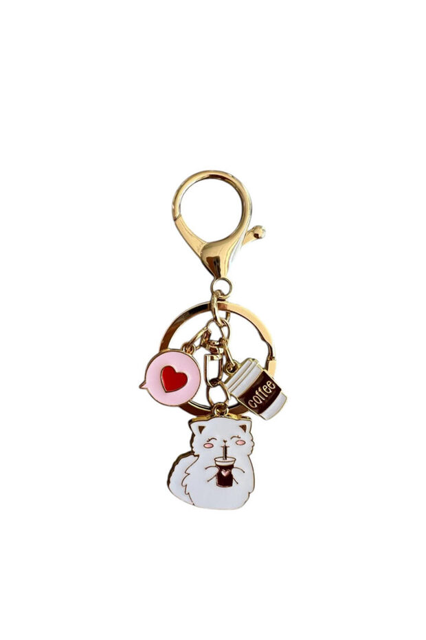 Coffee White Cat Metal Charm Keychain