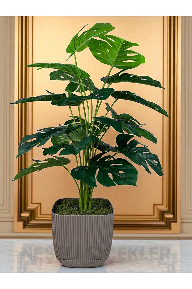 Yapay Ağaç Monstera Deve Tabanı Bitkisi 18 Yaprak 75cm Plastik Saksı Yapay Salon Çiçeği Hediyelik - 1