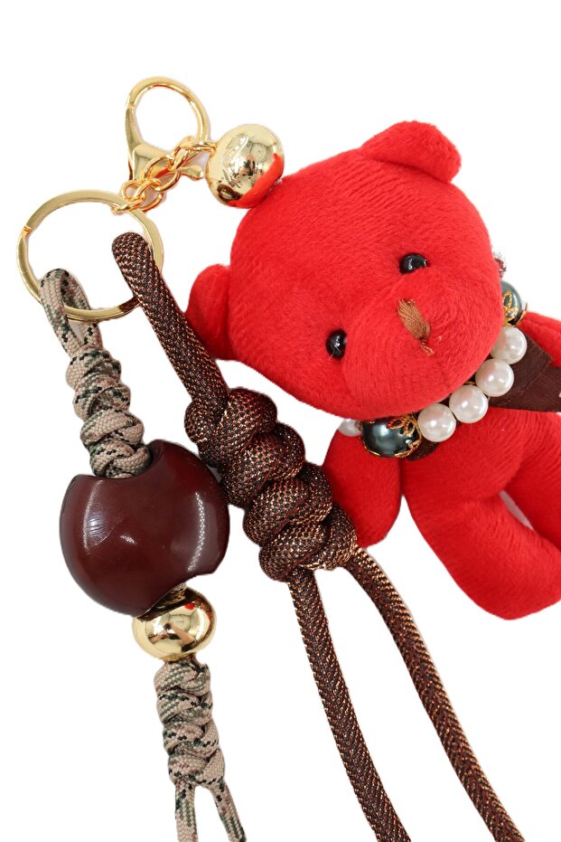Keychain Bag Charm. Mirror Ornament. Bag Accessory. Plush Teddy Bear Bag Charm with Keychain Pearl Necklace