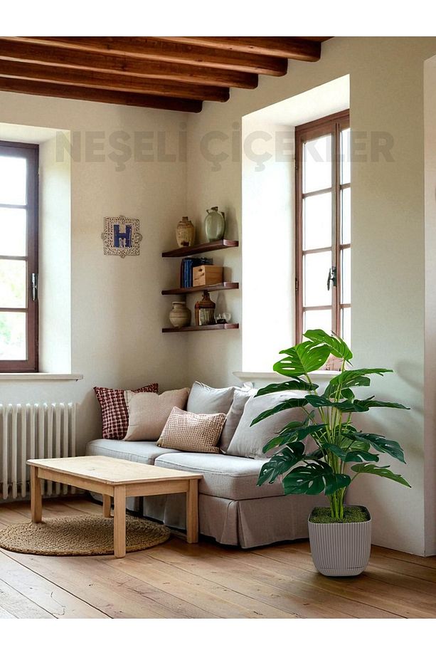 Yapay Ağaç Monstera Deve Tabanı Bitkisi 18 Yaprak 75cm Plastik Saksı Yapay Salon Çiçeği Hediyelik - 5