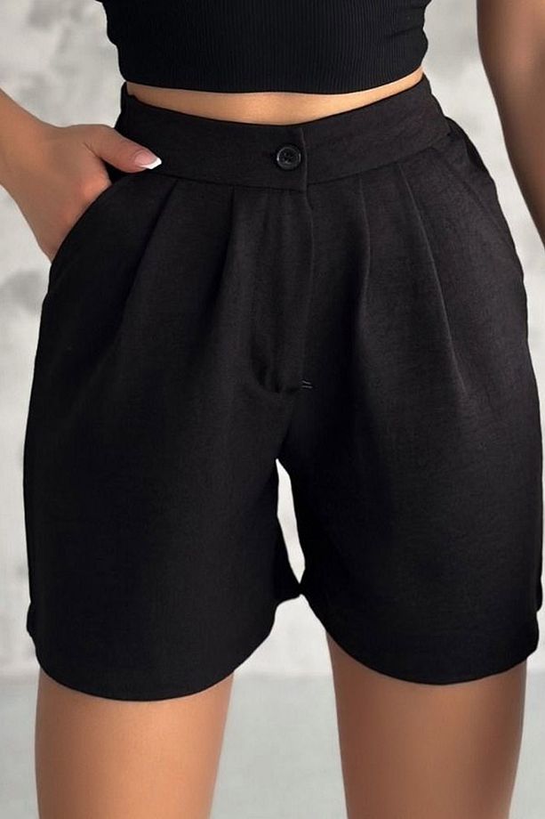 Ragular Fit Lastikli Yüksek Belli Çift Cepli Düğmeli Günlük Casual Keten Şort - 4