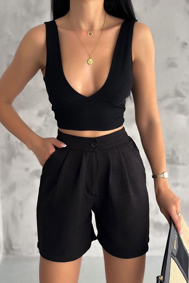 Ragular Fit Lastikli Yüksek Belli Çift Cepli Düğmeli Günlük Casual Keten Şort - 5
