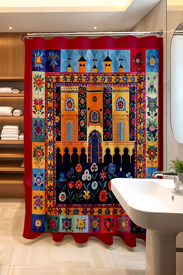 Bathroom Curtain, Floral Bohemian Architectural Pattern Shower Curtain, Bathtub Curtain 175X200Cm