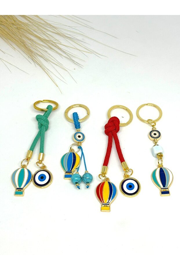 Set of 4 Colorful Keychains with Flying Balloons, Metal Keychain Set with Drawstring, Evil Eye Beaded Keychain Set
