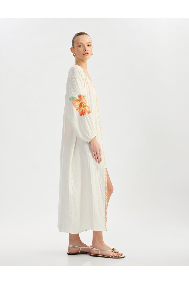 Cotton Floral Embroidery Detail Round Neck Long Balloon Sleeve Kaftan Beach Dress
