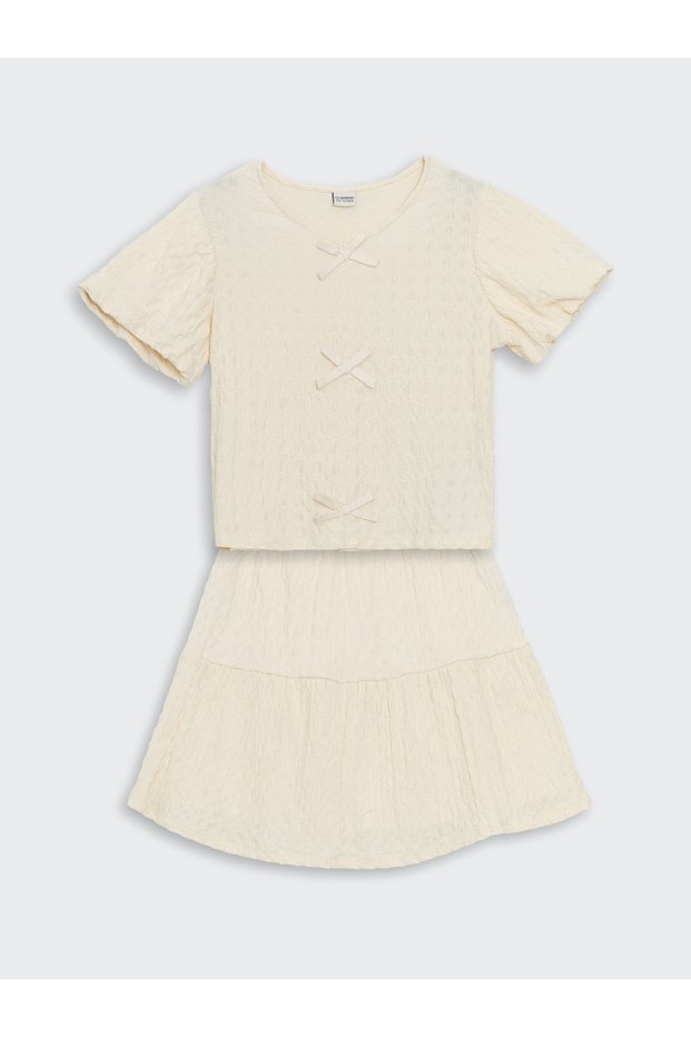 Crew Neck Bow Detailed Girl's Blouse and Skirt