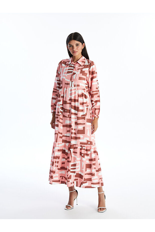 Shirt Collar Patterned Long Sleeve Women's Dress