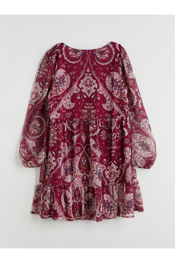 V Yaka Desenli Mini Elbise - 6