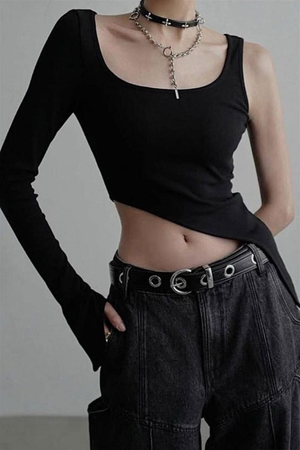 Siyah Kare yaka Tek Gotik Y2K Kollu Crop - 3