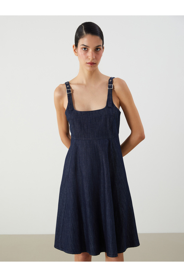 Kare Yaka Mini Jean Elbise - 1