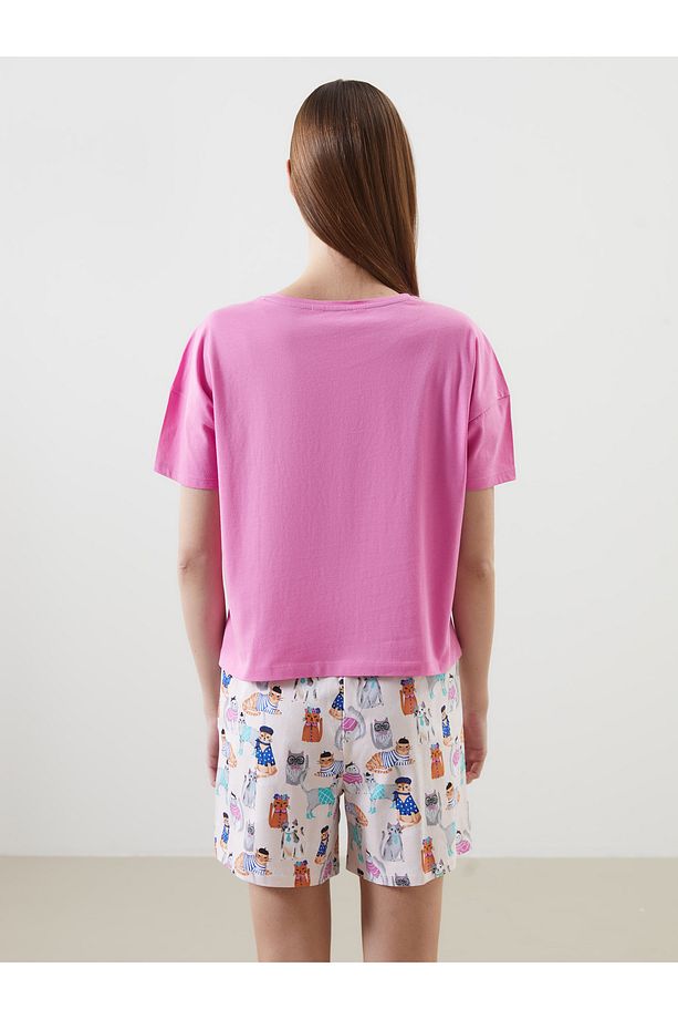 Bisiklet Yaka Baskılı Kadın Şortlu Pijama Takımı - 4