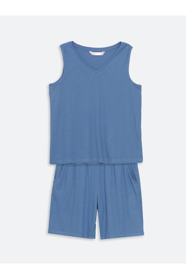 V Yaka Dokulu Kadın Şortlu Pijama Takımı - 5