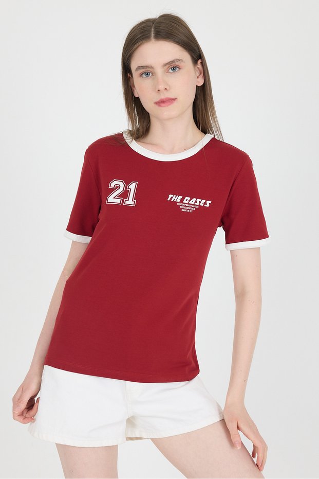 Burgundy Ribbed Text Printed Slim Fit T-Shirt 5981