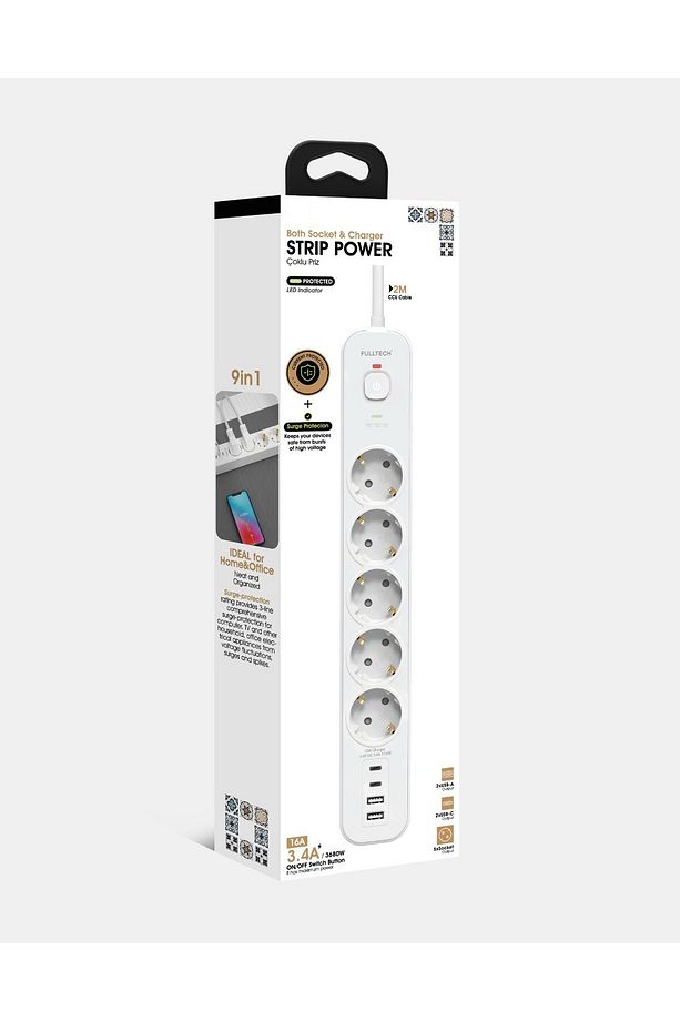 2 MT Uzatma Kablosu Çoklu Priz Yüksek Gerilim Korumalı 5'Lİ Priz 2X USB 2X Type-C Çıkışlı Priz - 2