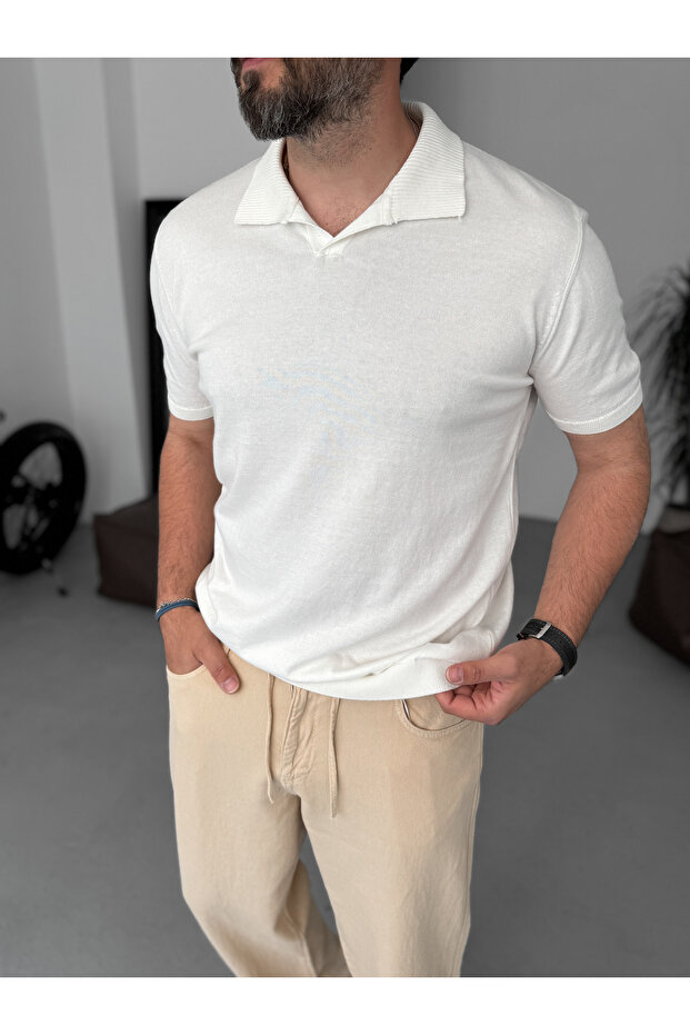 Beyaz Basic Polo Yaka Triko T-Shirt G-17190 - 4
