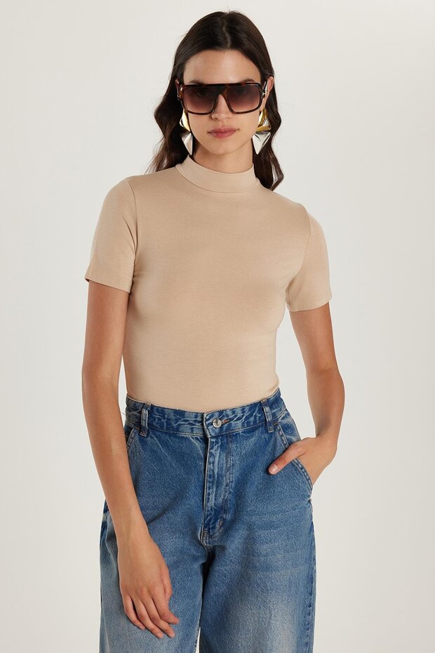 Women's Standard Fit Short Sleeve Half Turtleneck Beige Blouse