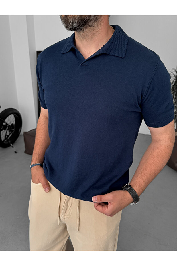 Lacivert Basic Polo Yaka Triko T-Shirt G-17190 - 4