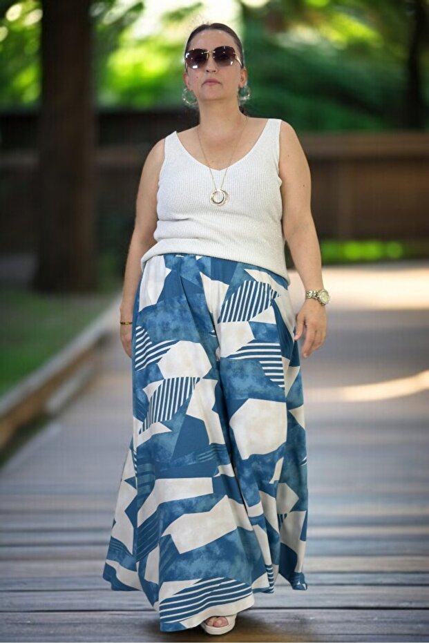 High Waist Elastic Pocketed Asymmetric Leg Summer Cotton Viscose Pants Skirt